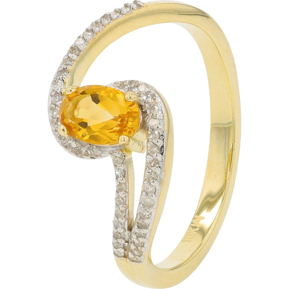 10K Yellow Gold Bypass Ring with Oval-Cut Citrine and Pavé Diamond Accents - 0.14 Carat Total Diamond Weight
