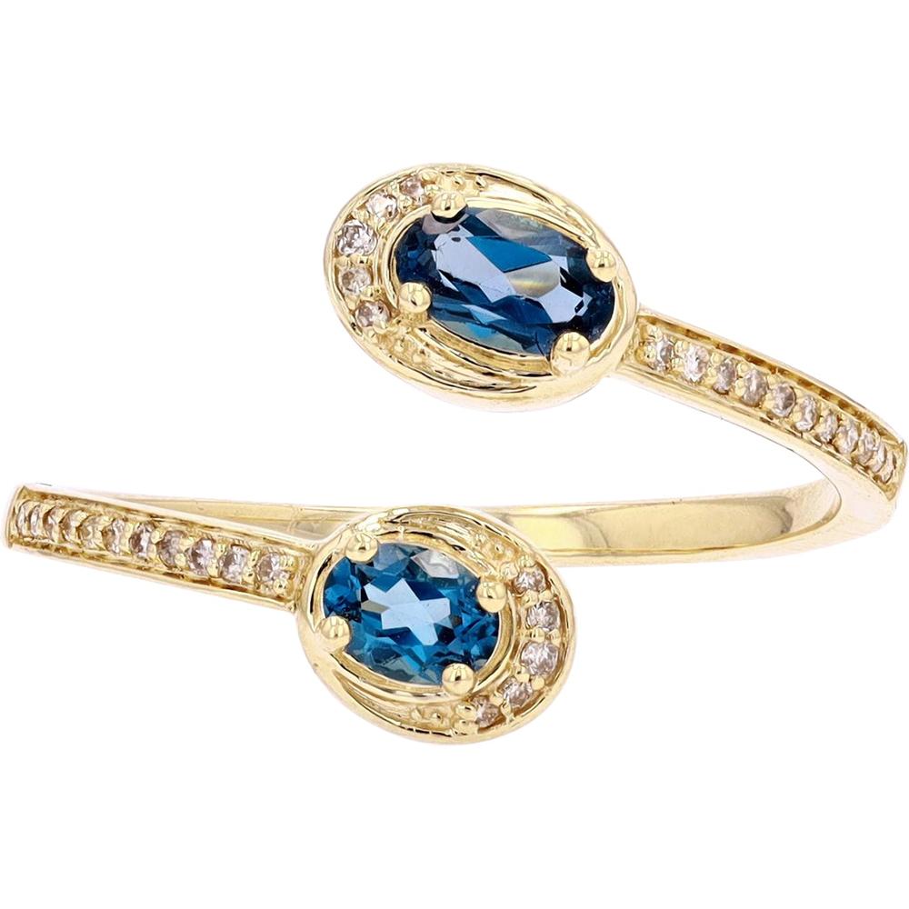 10K Yellow Gold Bypass Ring with Oval London Blue Topaz and Diamond Halo - 0.59 Carats Total Weight
