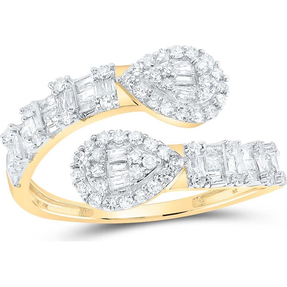 10K Yellow Gold Bypass Ring with Pear-Shaped Diamond Clusters and Baguette Accents - 0.66 Carat Total Diamond Weight