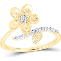10K Yellow Gold Bypass Ring with Prong-Set Round Diamonds and Sculpted Flower - 1/12 Carat Total Diamond Weight