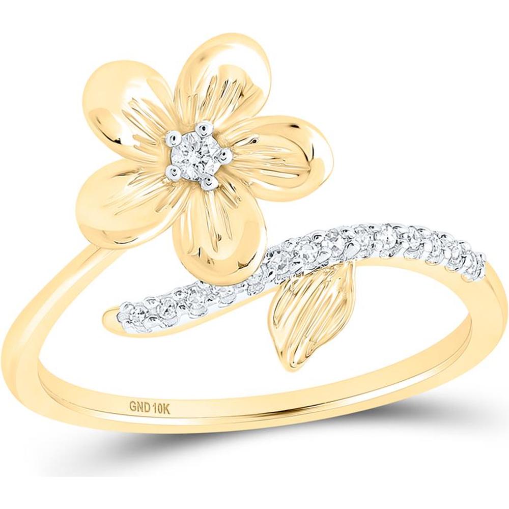 10K Yellow Gold Bypass Ring with Prong-Set Round Diamonds and Sculpted Flower - 1/12 Carat Total Diamond Weight