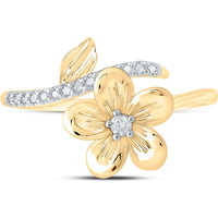10K Yellow Gold Bypass Ring with Prong-Set Round Diamonds and Sculpted Flower - 1/12 Carat Total Diamond Weight