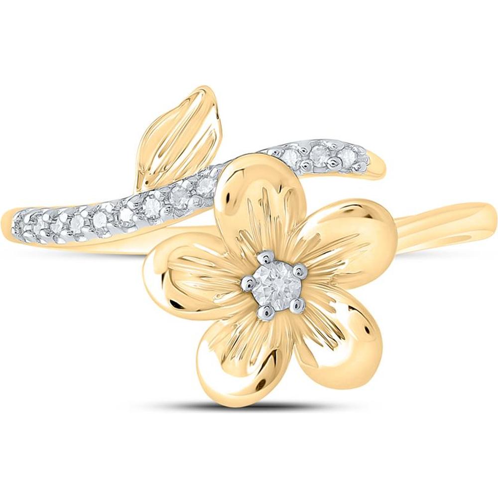 10K Yellow Gold Bypass Ring with Prong-Set Round Diamonds and Sculpted Flower - 1/12 Carat Total Diamond Weight