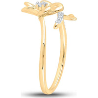 10K Yellow Gold Bypass Ring with Prong-Set Round Diamonds and Sculpted Flower - 1/12 Carat Total Diamond Weight