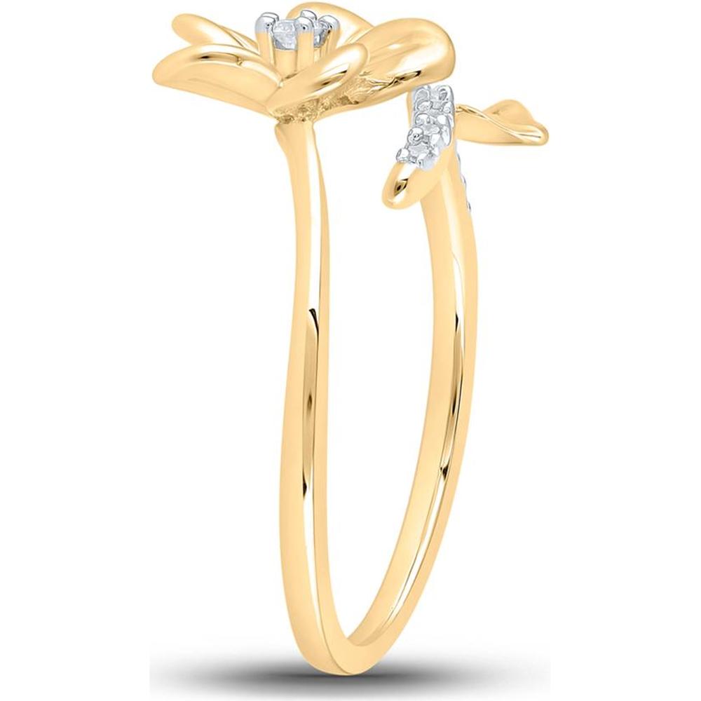 10K Yellow Gold Bypass Ring with Prong-Set Round Diamonds and Sculpted Flower - 1/12 Carat Total Diamond Weight