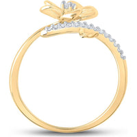 10K Yellow Gold Bypass Ring with Prong-Set Round Diamonds and Sculpted Flower - 1/12 Carat Total Diamond Weight