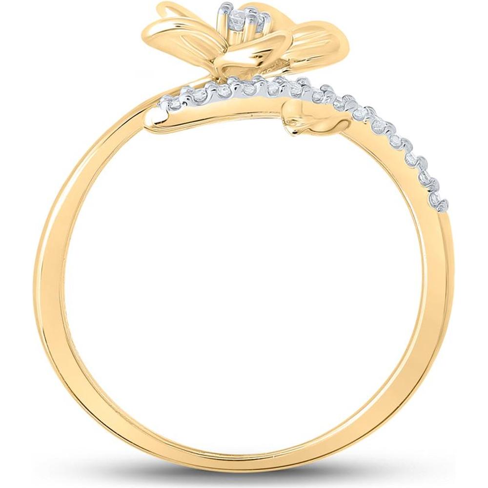 10K Yellow Gold Bypass Ring with Prong-Set Round Diamonds and Sculpted Flower - 1/12 Carat Total Diamond Weight