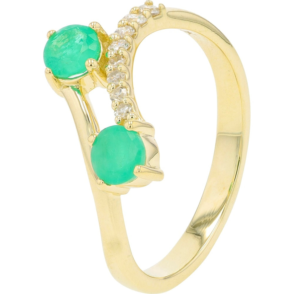 10K Yellow Gold Bypass Ring with Prong-Set Round Emeralds and Diamond Accents - 0.50 Carat Total Emerald Weight and 0.11 Carat Diamond Weight