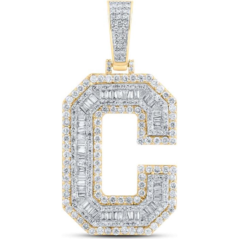 10K Yellow Gold "C" Initial Letter Charm Pendant with Baguette and Round Diamonds - 3.00 Carat Total Diamond Weight