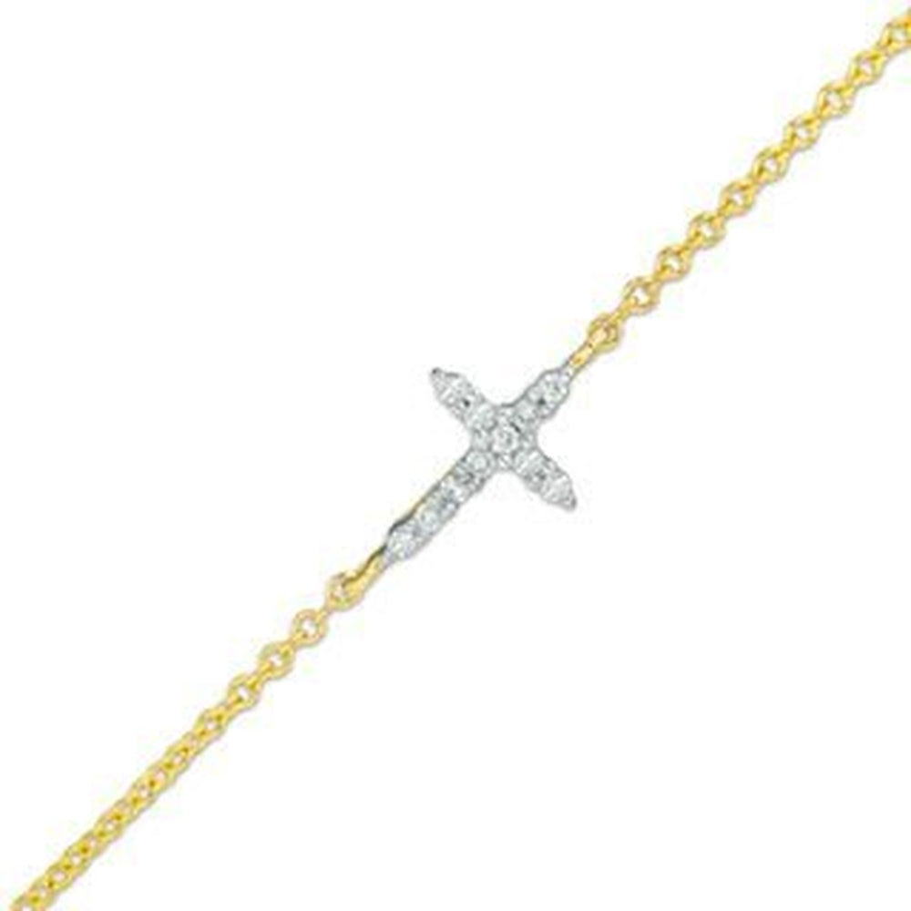 10K Yellow Gold Cable Link Bracelet with 0.06 Carat Total Weight Round Diamond Cross Motif by Auriventus