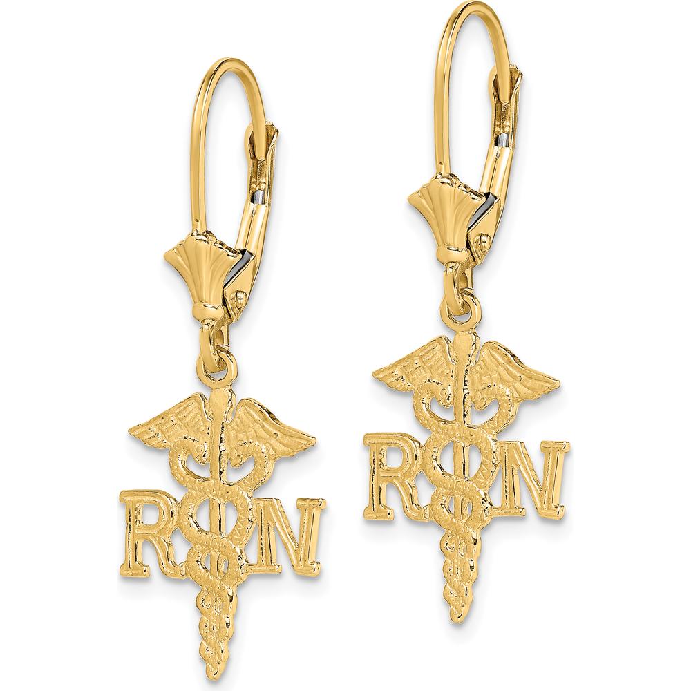 10K Yellow Gold Caduceus Leverback Drop Earrings with Polished Finish - 32.65mm Length