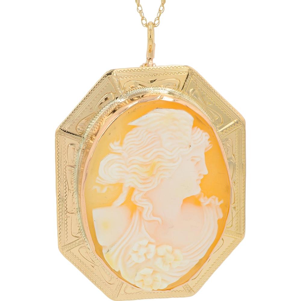 10K Yellow Gold Carved Cameo Pendant Necklace with 18 - Inch Chain - Vintage - Inspired Agate Design