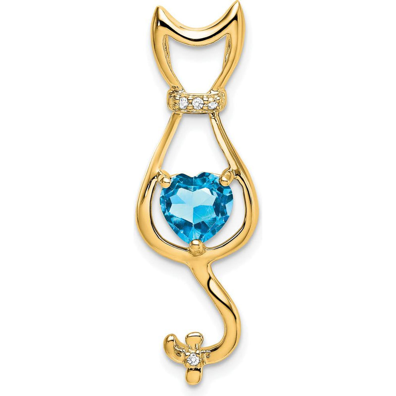 10K Yellow Gold Cat Pendant with Heart-Shaped Swiss Blue Topaz and Diamond Accents - 0.99 Carat Topaz by Lumare Gioia