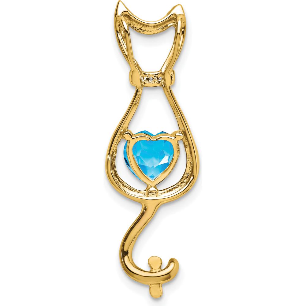 10K Yellow Gold Cat Pendant with Heart-Shaped Swiss Blue Topaz and Diamond Accents - 0.99 Carat Topaz by Lumare Gioia