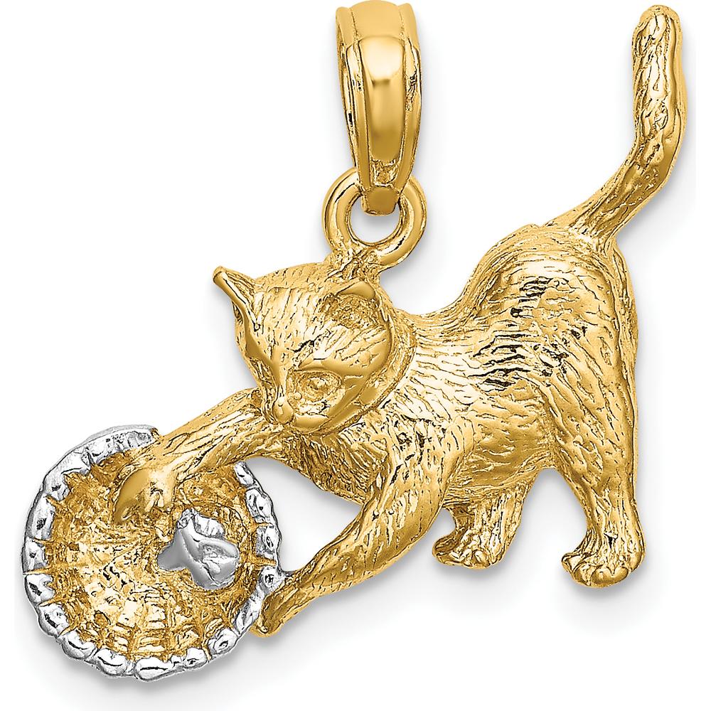 10K Yellow Gold Cat Playing with Yarn in Basket Charm with Rhodium Accents