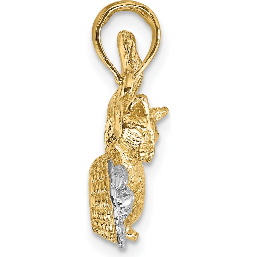 10K Yellow Gold Cat Playing with Yarn in Basket Charm with Rhodium Accents