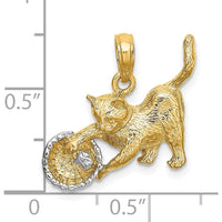 10K Yellow Gold Cat Playing with Yarn in Basket Charm with Rhodium Accents