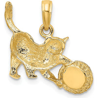 10K Yellow Gold Cat Playing with Yarn in Basket Charm with Rhodium Accents
