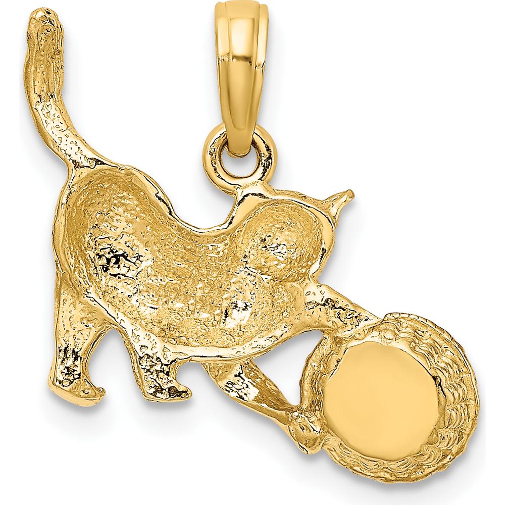 10K Yellow Gold Cat Playing with Yarn in Basket Charm with Rhodium Accents
