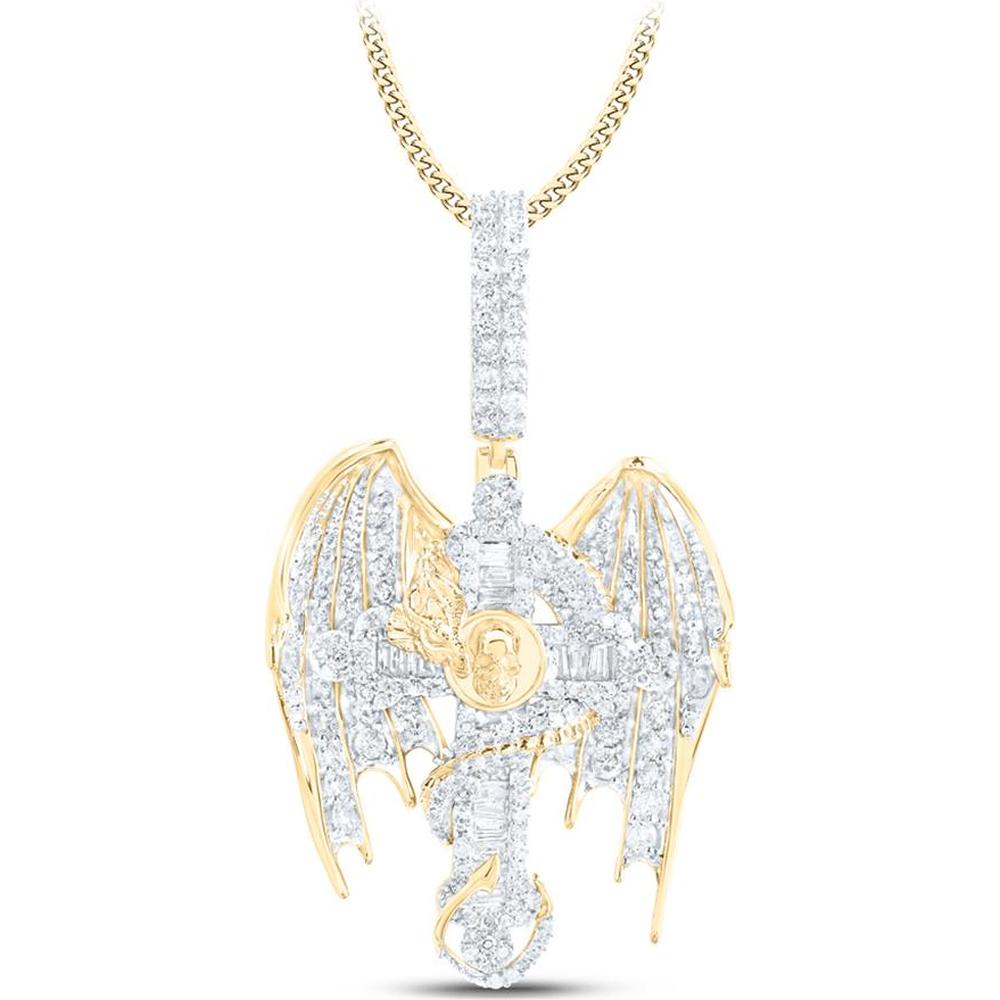 10K Yellow Gold Celtic Dragon Charm Pendant with Baguette and Round Diamonds - 2.06 Carat Total Diamond Weight