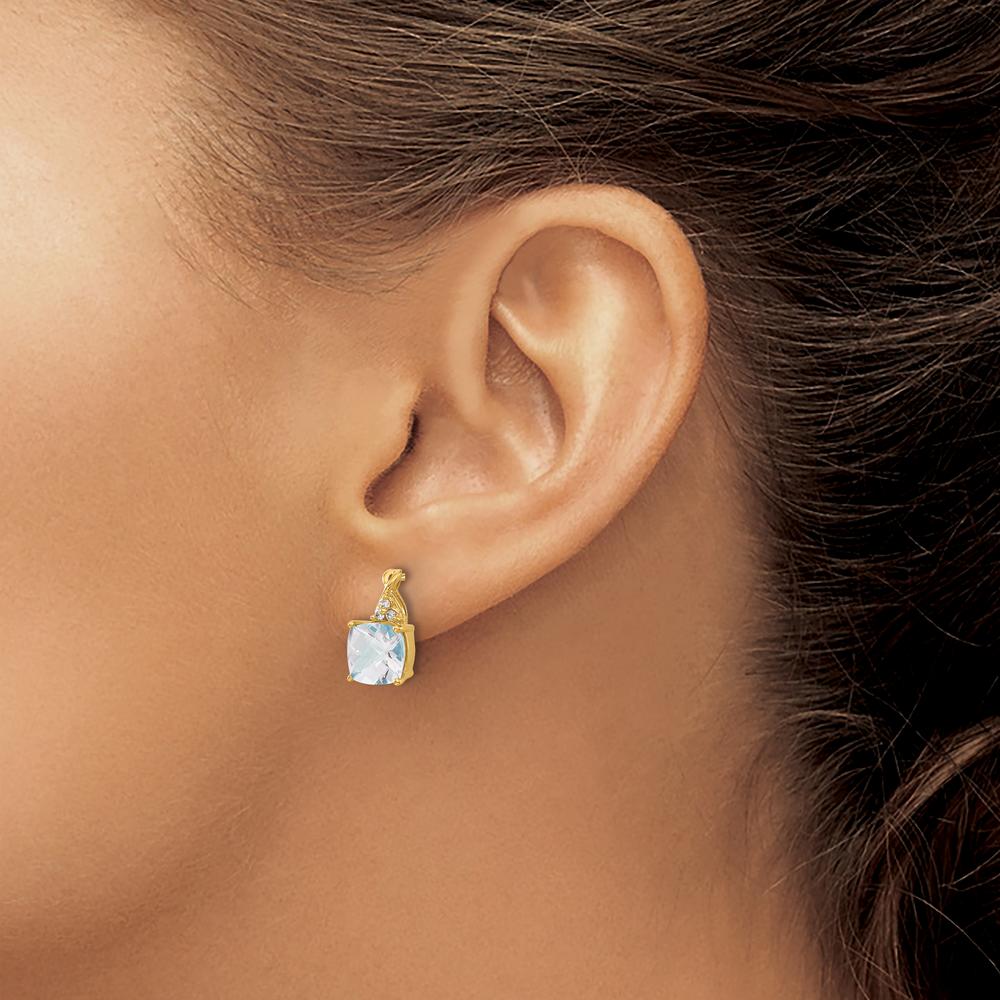 10K Yellow Gold Checkerboard Aquamarine and Diamond Drop Earrings - 1.68 Carat Aquamarine, 0.01 Carat Diamonds by Oro Pregiato