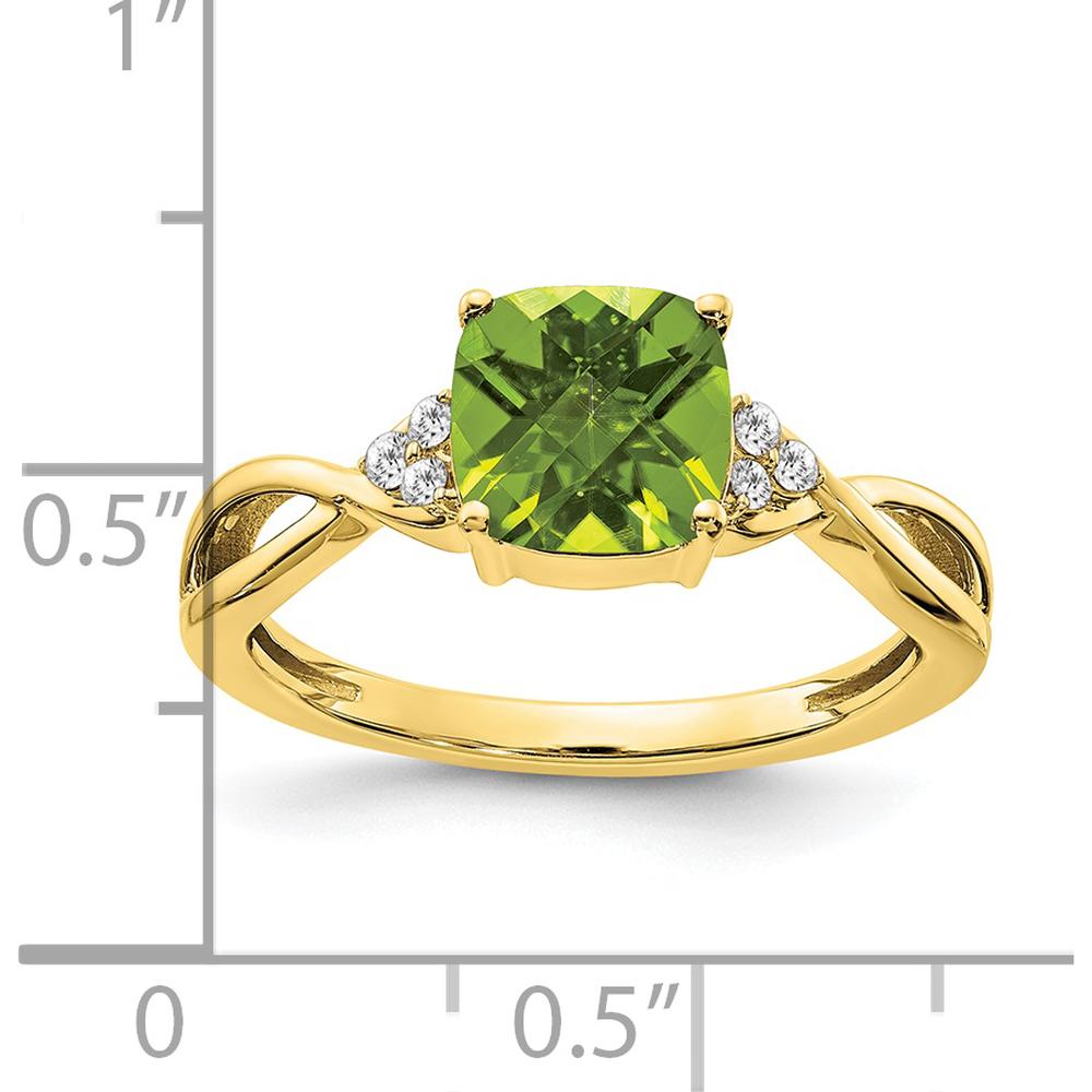 10K Yellow Gold Checkerboard Peridot and Round Diamond Ring - 1.89 Carat Peridot and 0.06 Carat Total Diamond Weight by 0