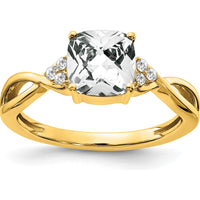 10K Yellow Gold Checkerboard White Topaz Cushion Cut Ring with Round Diamond Accents - 1.75 Carat White Topaz, 0.06 Carat Diamond Total Weight by 0