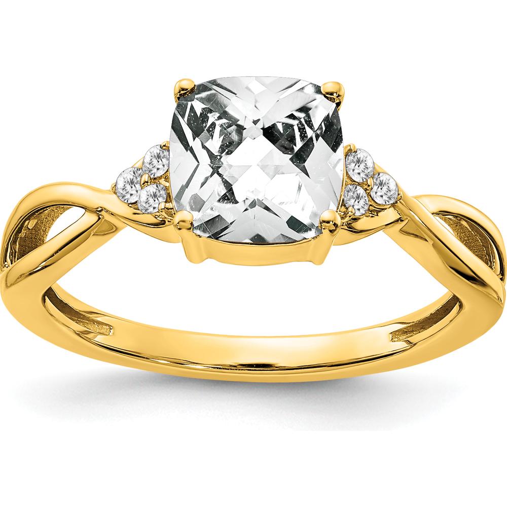 10K Yellow Gold Checkerboard White Topaz Cushion Cut Ring with Round Diamond Accents - 1.75 Carat White Topaz, 0.06 Carat Diamond Total Weight by 0