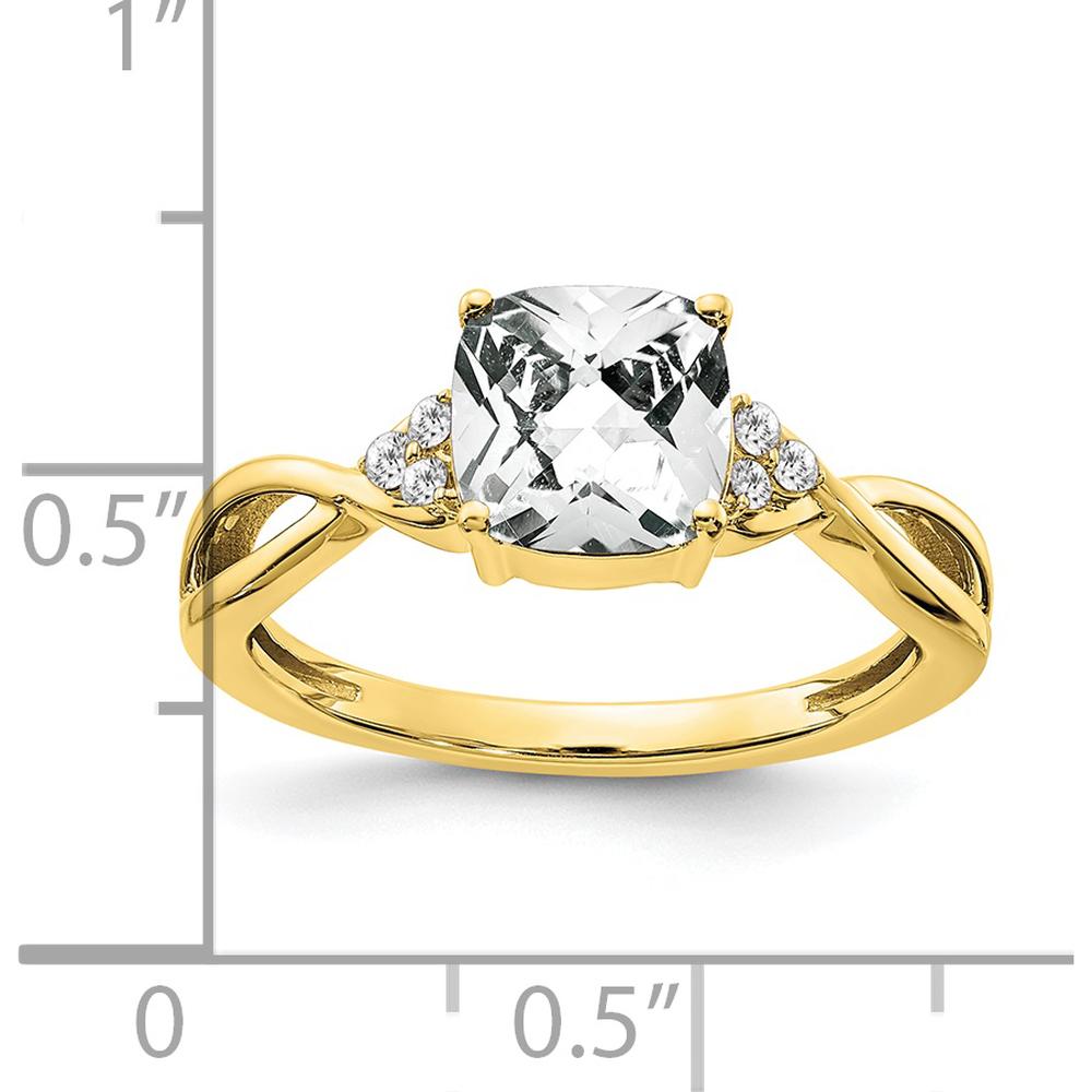 10K Yellow Gold Checkerboard White Topaz Cushion Cut Ring with Round Diamond Accents - 1.75 Carat White Topaz, 0.06 Carat Diamond Total Weight by 0
