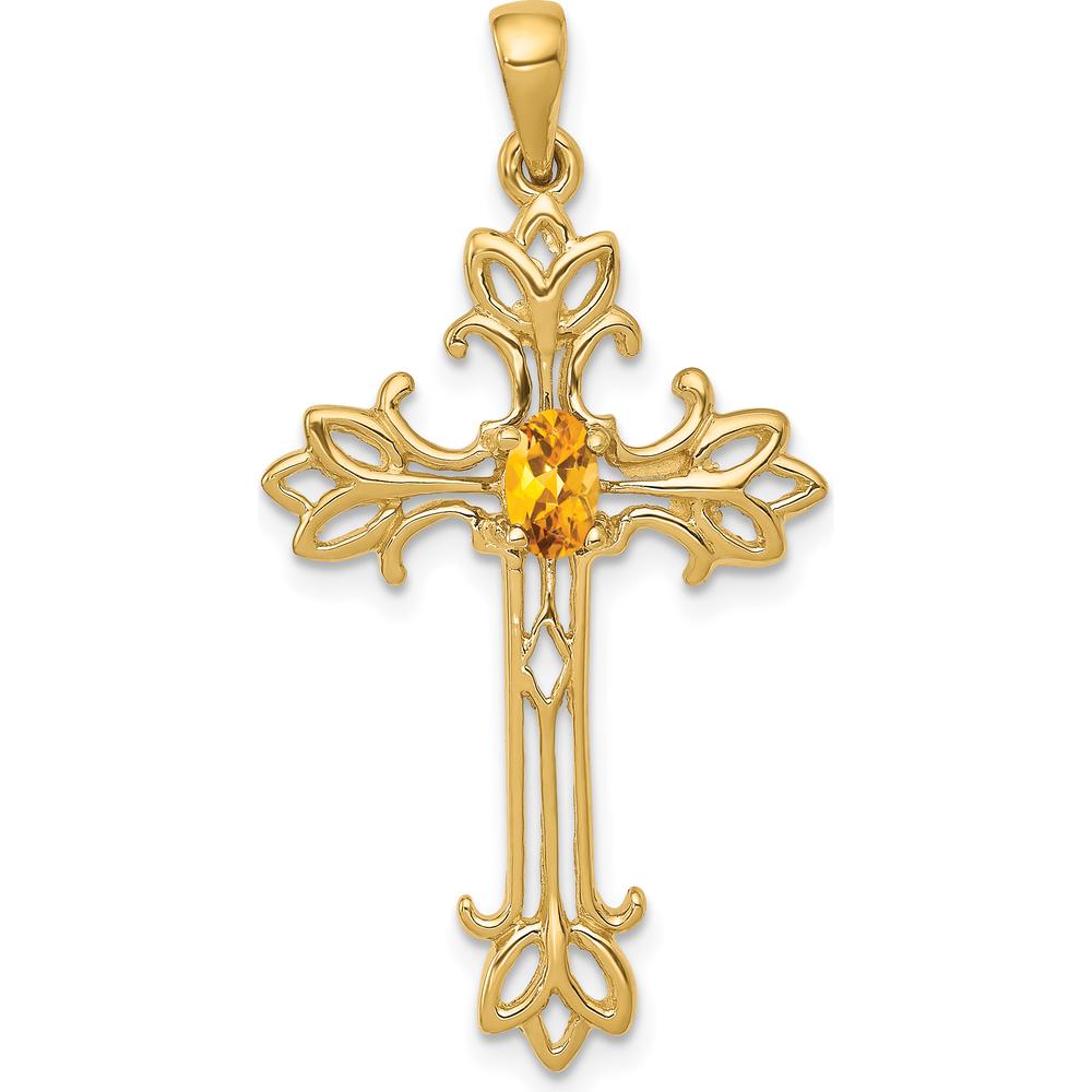10K Yellow Gold Citrine Cross Pendant with 5x3mm Oval Faceted Citrine - 0.20 Carat Total Gem Weight