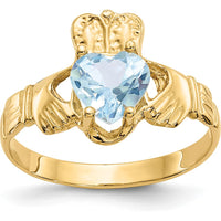 10K Yellow Gold Claddagh Birthstone Ring with Heart-Shaped Aquamarine - March Birthstone