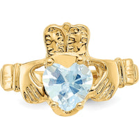 10K Yellow Gold Claddagh Birthstone Ring with Heart-Shaped Aquamarine - March Birthstone