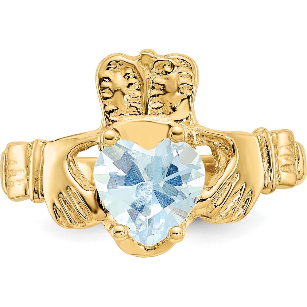 10K Yellow Gold Claddagh Birthstone Ring with Heart-Shaped Aquamarine - March Birthstone