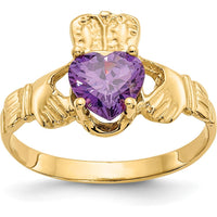 10K Yellow Gold Claddagh Ring with Heart-Shaped Amethyst - February Birthstone