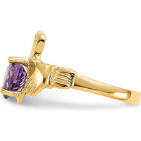 10K Yellow Gold Claddagh Ring with Heart-Shaped Amethyst - February Birthstone