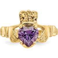10K Yellow Gold Claddagh Ring with Heart-Shaped Amethyst - February Birthstone
