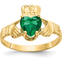 10K Yellow Gold Claddagh Ring with Heart-Shaped Emerald - May Birthstone