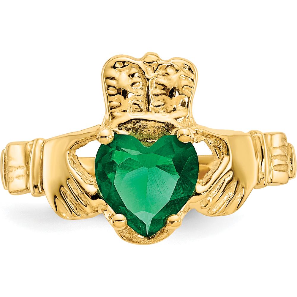 10K Yellow Gold Claddagh Ring with Heart-Shaped Emerald - May Birthstone