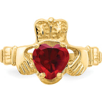 10K Yellow Gold Claddagh Ring with Heart-Shaped Garnet - January Birthstone
