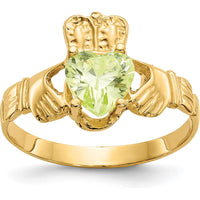 10K Yellow Gold Claddagh Ring with Heart-Shaped Peridot August Birthstone