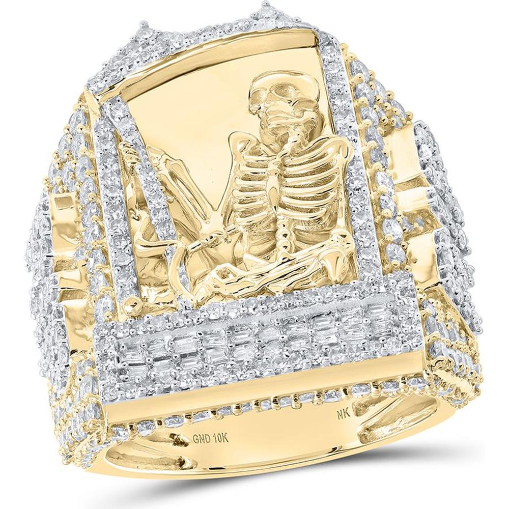 10K Yellow Gold Coffin Motif Ring with Prong and Channel-Set Round and Baguette Diamonds - 4.00 Carat Total Diamond Weight