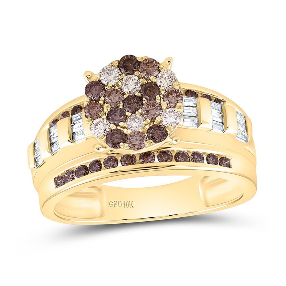 10K Yellow Gold Cognac Ombré Natural Diamond Cluster Ring with Baguette Accents - 1 Carat Total Diamond Weight