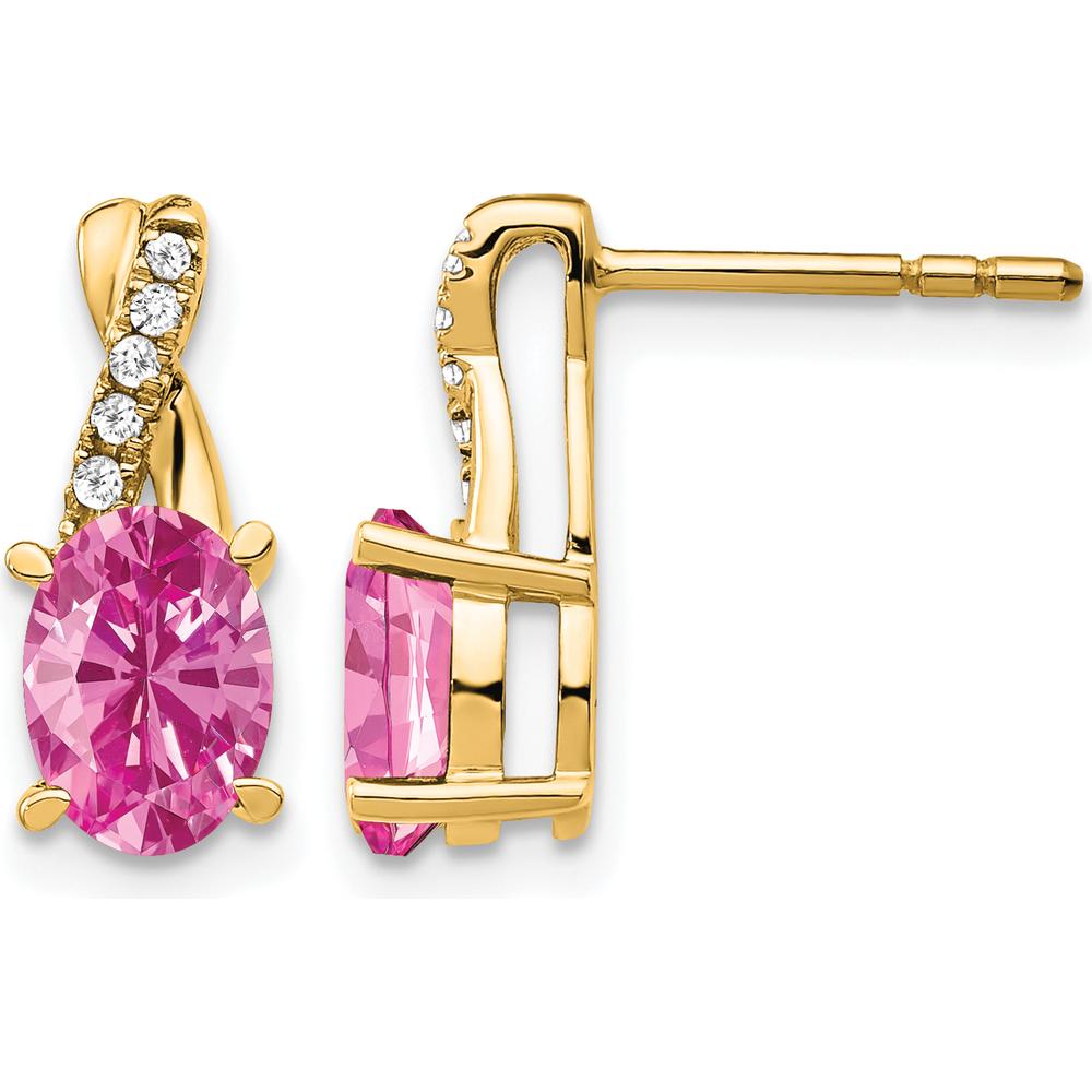 10K Yellow Gold Created Pink Sapphire and Diamond Drop Earrings - 0.75 Carat Total Sapphire Weight, 0.06 Carat Total Diamond Weight by Oro Pregiato