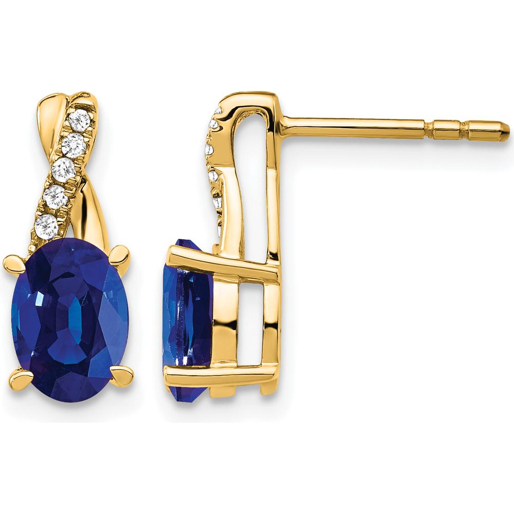 10K Yellow Gold Created Sapphire and Diamond Drop Earrings - 0.75 Carat Total Sapphire Weight, 0.06 Carat Total Diamond Weight by Oro Pregiato