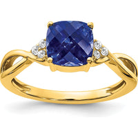 10K Yellow Gold Created Sapphire and Diamond Ring with Cushion Cut Sapphire - 1.75 Carat Sapphire, 0.01 Carat Total Diamond Weight by 0