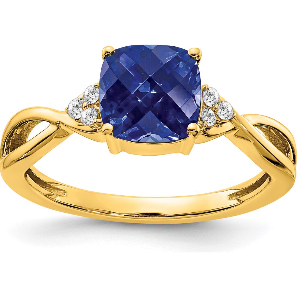 10K Yellow Gold Created Sapphire and Diamond Ring with Cushion Cut Sapphire - 1.75 Carat Sapphire, 0.01 Carat Total Diamond Weight by 0