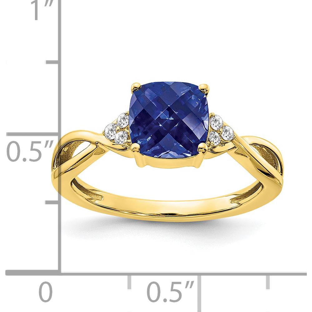 10K Yellow Gold Created Sapphire and Diamond Ring with Cushion Cut Sapphire - 1.75 Carat Sapphire, 0.01 Carat Total Diamond Weight by 0