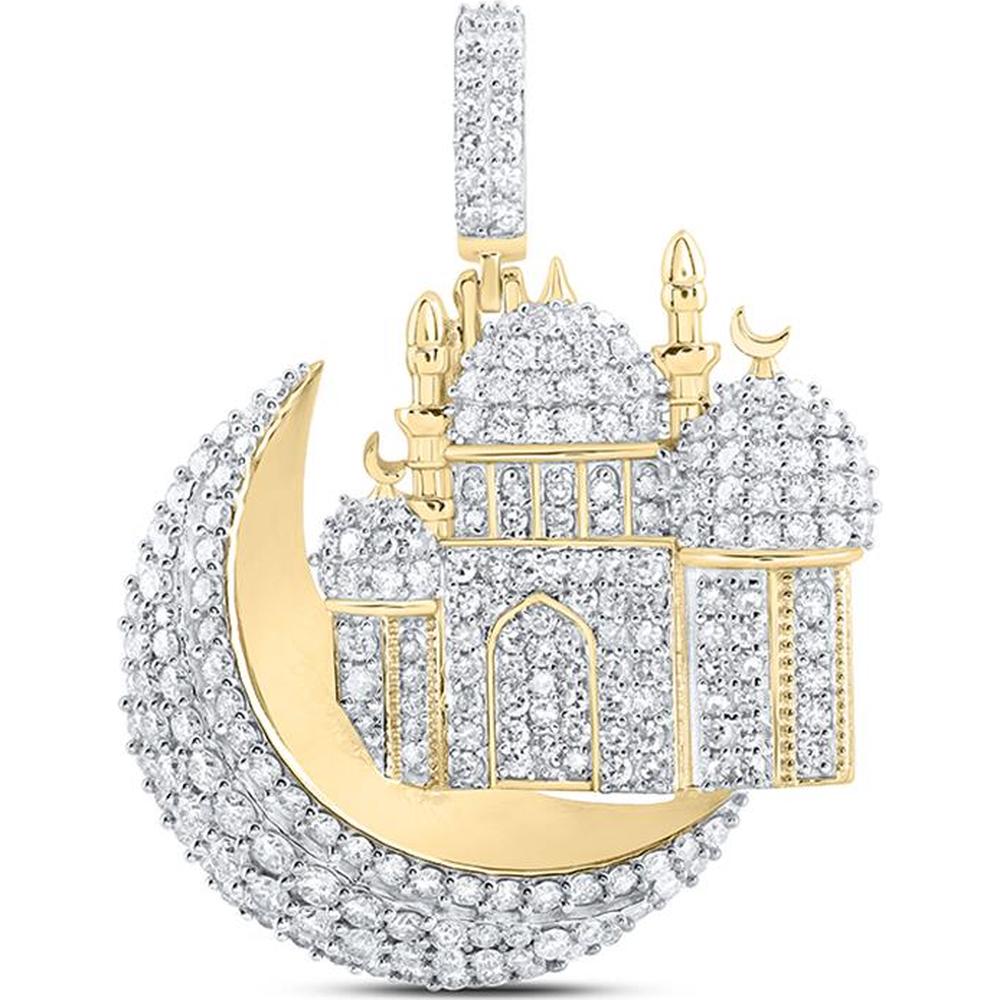 10K Yellow Gold Crescent Moon and Masjid Pendant with Prong-Set Round Diamonds - 2.29 Carat Total Diamond Weight