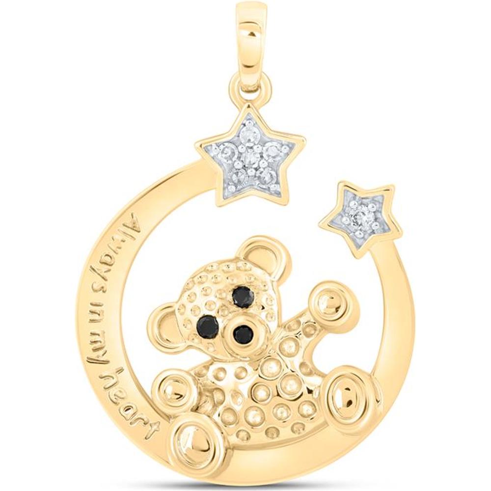 10K Yellow Gold Crescent Moon and Teddy Bear Pendant with Round Diamonds and Black Diamond Eyes - 1/12 Carat Total Diamond Weight