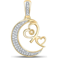 10K Yellow Gold Crescent Moon Pendant with Prong-Set Round Diamonds and Dual Heart Motif - 0.10 Carat Total Diamond Weight